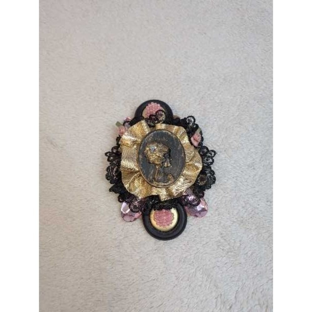Vintage Steampunk Cameo Brooch Black Gold Lace‎ Pink Gem Accents